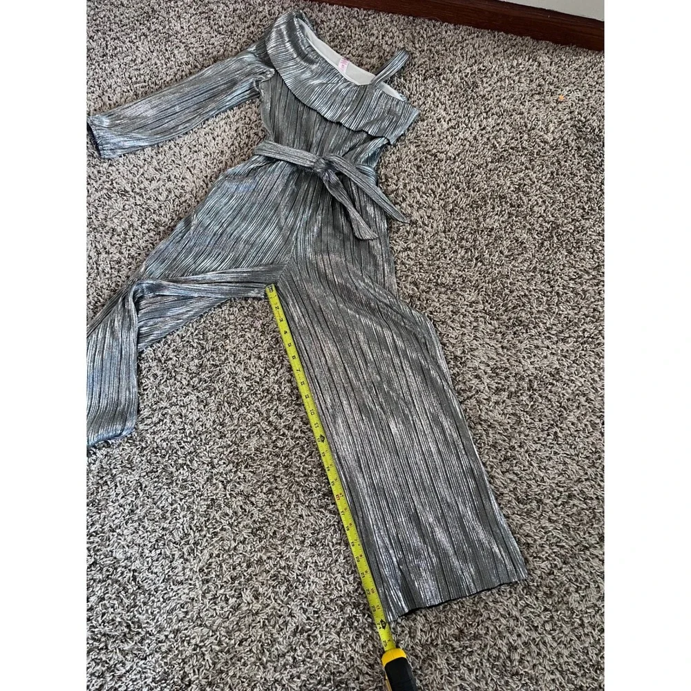 Justice Girls Silver Metallic Pleated One Shoulder Jumpsuit Size M 10 Wide Leg